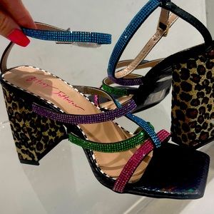 BETSEY JOHNSON Graviti Embellished Leopard Print Block Heel Sandal Size 11